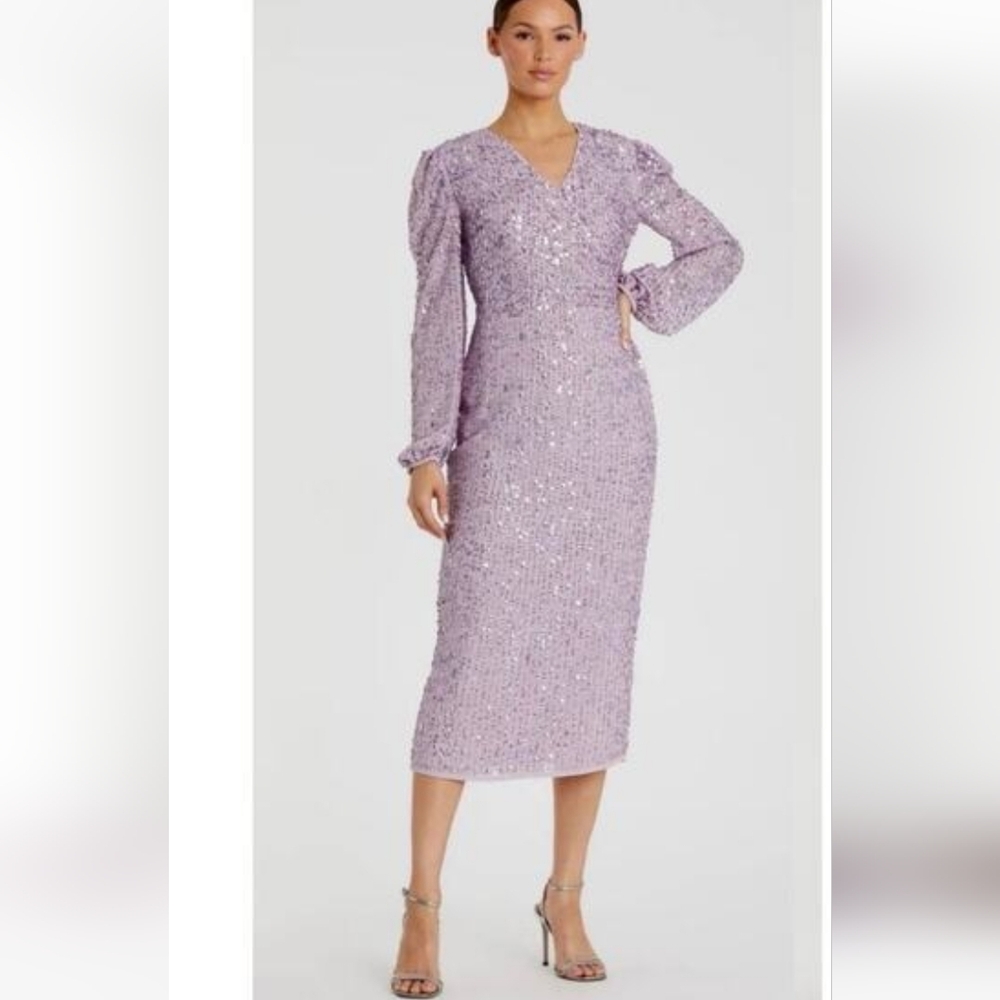 NWOT MACDUGGAL SEQUINED ILLUSION PUFF SLEEVE V-NECK MIDI DRESS